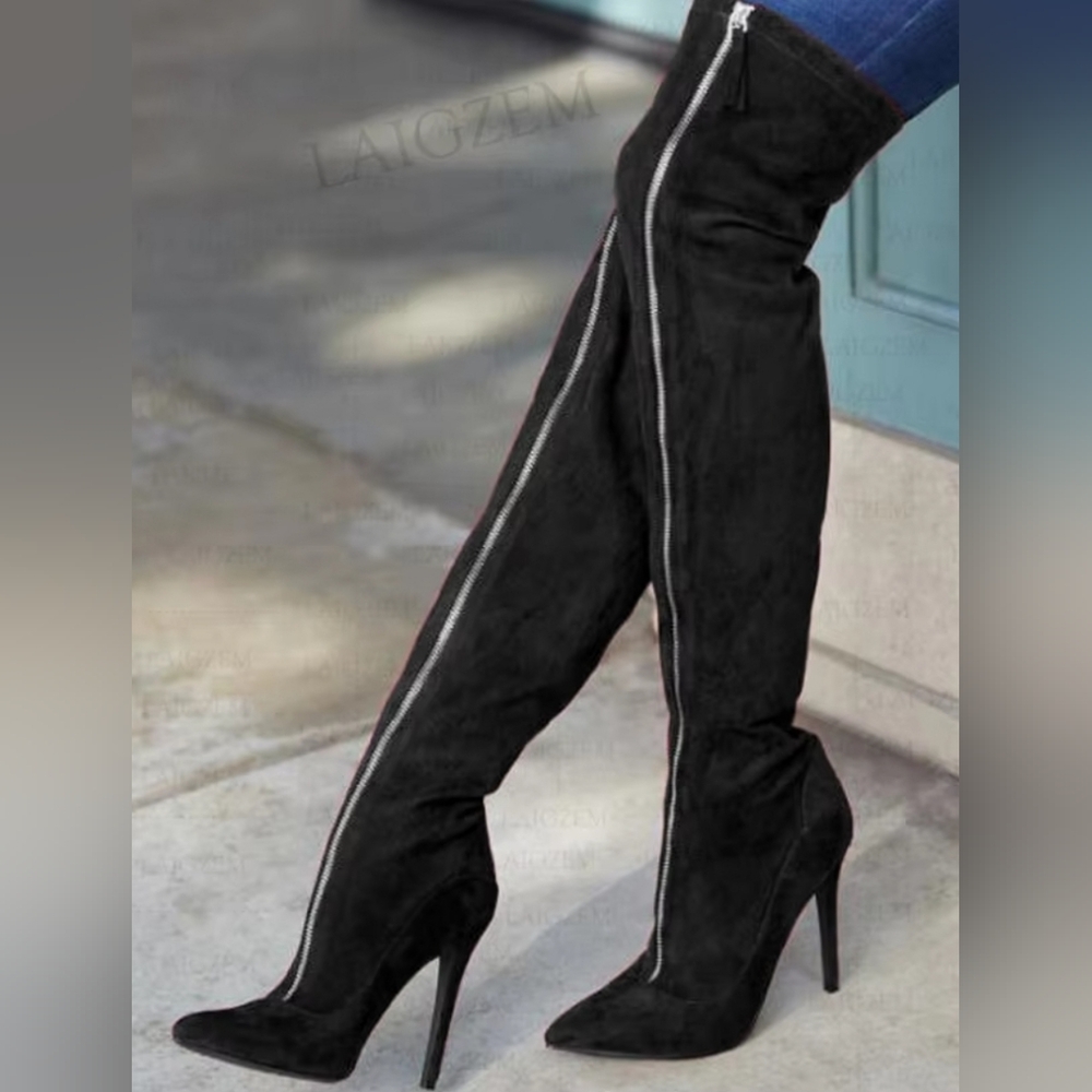 Thigh high front zip faux suede boots